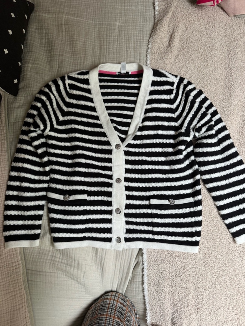 Isaac Mizrahi Black and White Striped V-Neck Button Cardigan